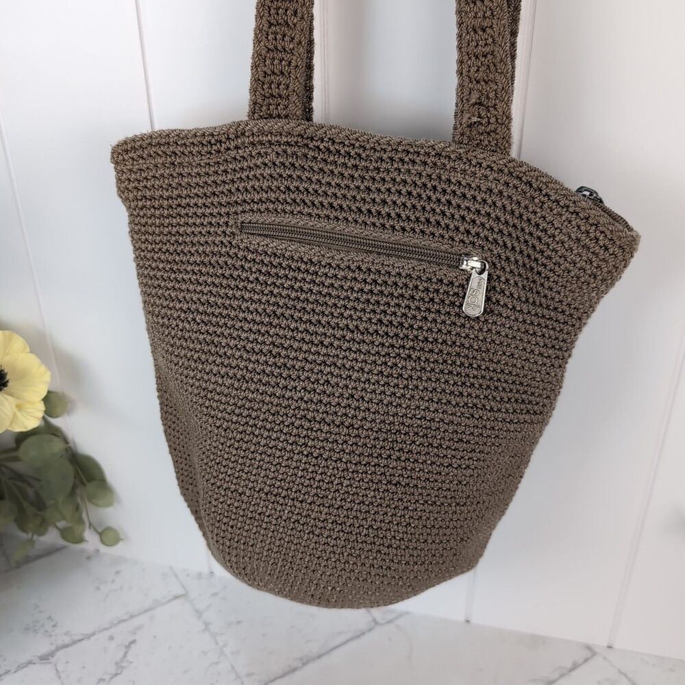The SAK Lumi Hand Crochet Boho Shoulder Bucket Handbag Purse Tote Taupe Brown - Picture 9 of 11